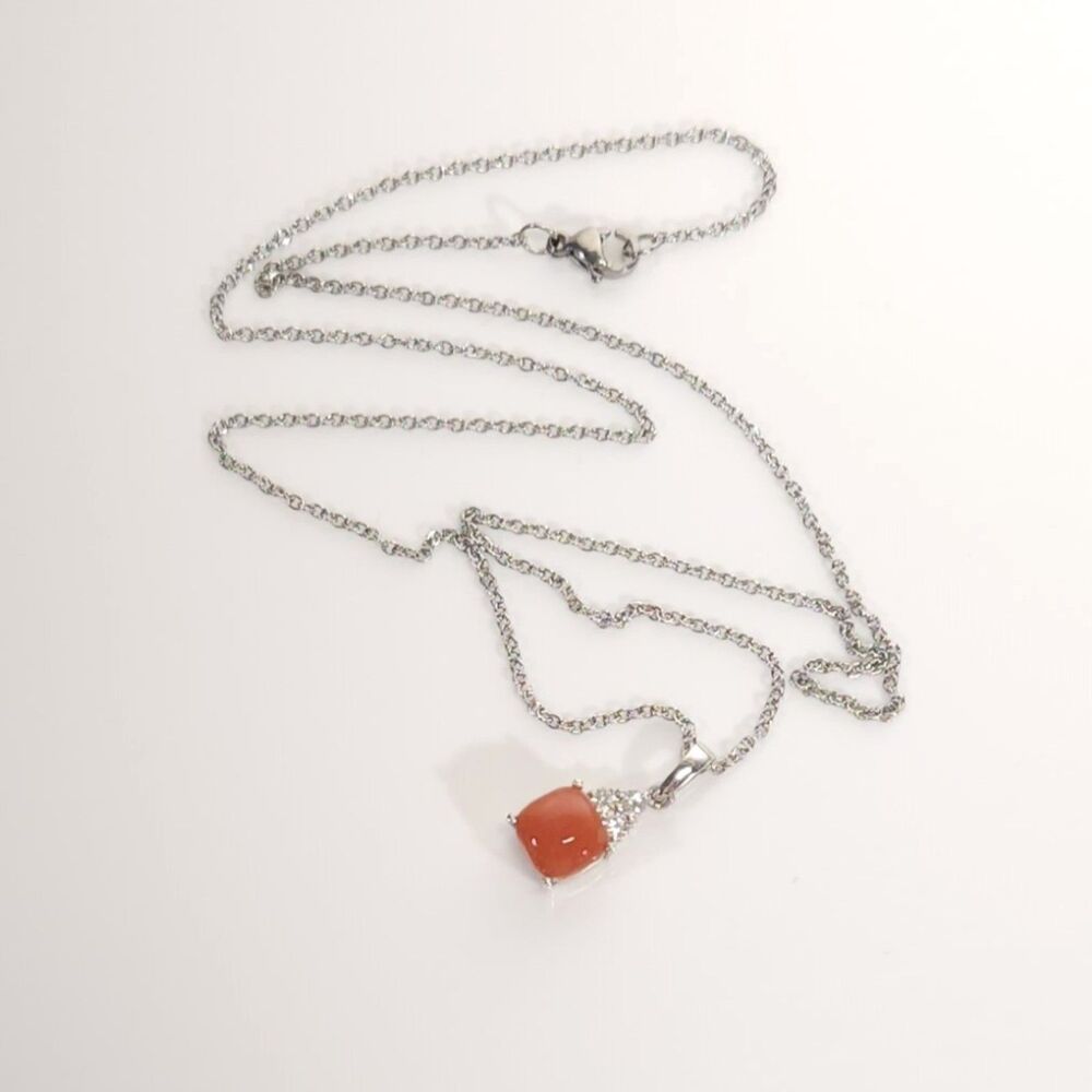 Peach Moonstone Pendant Necklace Stainless Steel Chain